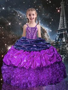 Superior Beading and Ruffles and Pick Ups Little Girls Pageant Dress Wholesale Eggplant Purple Lace Up Sleeveless Floor 