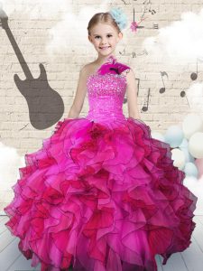 Fancy One Shoulder Sleeveless Organza Little Girl Pageant Gowns Beading and Ruffles Lace Up