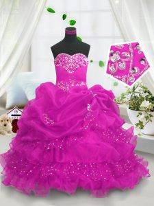 Latest Sleeveless Floor Length Beading and Ruffled Layers and Pick Ups Lace Up Glitz Pageant Dress with Fuchsia
