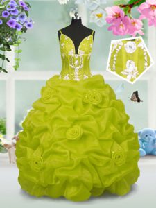 Simple Yellow Green Taffeta Lace Up Little Girl Pageant Dress Sleeveless Floor Length Beading and Pick Ups