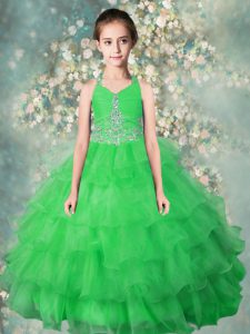 Halter Top Ruffled Floor Length Ball Gowns Sleeveless Green Girls Pageant Dresses Zipper
