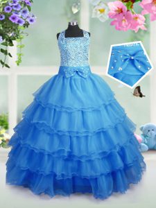 Sleeveless Organza Floor Length Zipper Winning Pageant Gowns in Baby Blue with Beading and Ruffled Layers