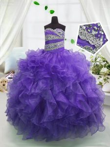 Great Eggplant Purple Sleeveless Organza Lace Up Little Girls Pageant Dress Wholesale for Party and Wedding Party