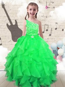 Affordable Apple Green Ball Gowns One Shoulder Sleeveless Organza Floor Length Lace Up Beading and Ruffles Girls Pageant