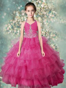 Organza Halter Top Sleeveless Zipper Beading and Ruffled Layers Kids Pageant Dress in Rose Pink
