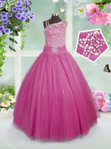 Custom Fit Rose Pink Side Zipper Pageant Dress Beading Sleeveless Floor Length