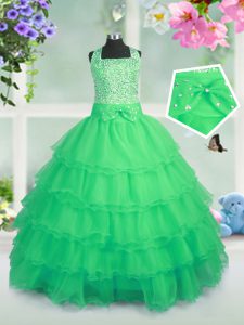 Affordable Floor Length Custom Made Pageant Dress Organza Sleeveless Beading and Ruffled Layers