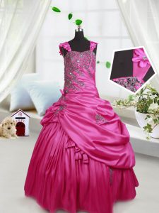 Enchanting Hot Pink Satin Lace Up High School Pageant Dress Sleeveless Floor Length Beading and Pick Ups
