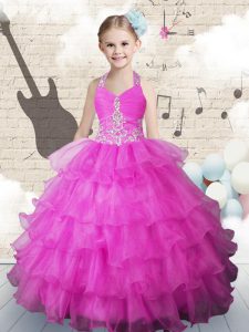 Fuchsia Lace Up Halter Top Beading and Ruffled Layers Pageant Dress for Teens Organza Sleeveless