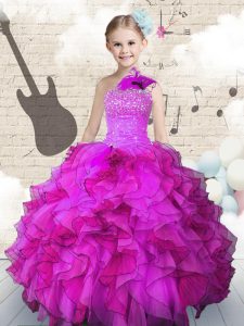 One Shoulder Fuchsia Sleeveless Floor Length Beading and Ruffles Lace Up Custom Made Pageant Dress