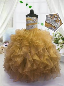 Low Price Sleeveless Organza Floor Length Lace Up Pageant Dress for Teens in Gold with Beading and Ruffles