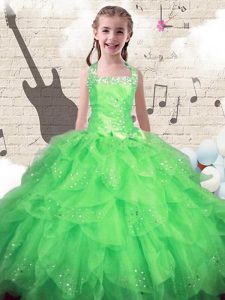 Enchanting Halter Top Floor Length Lace Up Girls Pageant Dresses Green for Party and Wedding Party with Beading and Ruff
