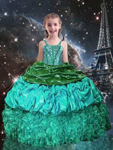 Green Little Girl Pageant Dress Party and Wedding Party and For with Beading and Ruffles Spaghetti Straps Sleeveless Lac