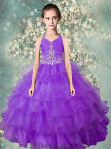 Halter Top Sleeveless Floor Length Beading and Ruffled Layers Zipper Little Girl Pageant Gowns with Lavender
