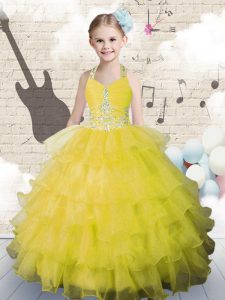 Halter Top Beading and Ruffled Layers Little Girls Pageant Dress Wholesale Yellow Green Lace Up Sleeveless Floor Length