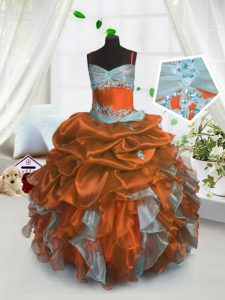 Trendy Floor Length Rust Red Little Girls Pageant Gowns Organza Sleeveless Beading and Ruffles and Pick Ups