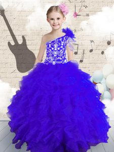 Organza One Shoulder Sleeveless Lace Up Embroidery and Ruffles and Hand Made Flower Little Girl Pageant Gowns in Navy Bl