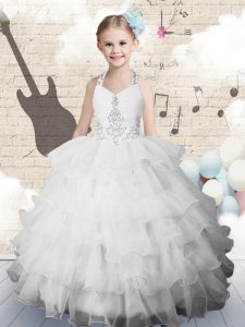 Fashion Halter Top White Sleeveless Beading and Ruffled Layers Floor Length Little Girls Pageant Gowns