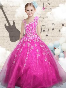 Asymmetric Sleeveless Glitz Pageant Dress Floor Length Beading Hot Pink Tulle