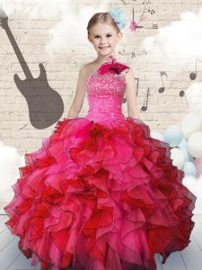 Hot Pink Little Girl Pageant Gowns Party and Wedding Party and For with Beading and Ruffles One Shoulder Sleeveless Lace