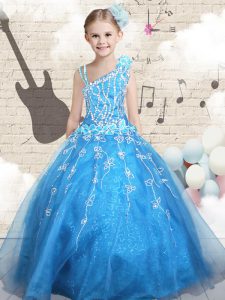 Stylish Floor Length Baby Blue Pageant Dress Womens Asymmetric Sleeveless Lace Up