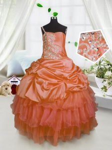 On Sale Orange One Shoulder Neckline Beading and Ruffled Layers and Pick Ups Pageant Gowns For Girls Sleeveless Lace Up