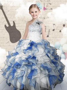 Custom Design One Shoulder Blue And White Organza Lace Up Girls Pageant Dresses Sleeveless Floor Length Beading and Ruff