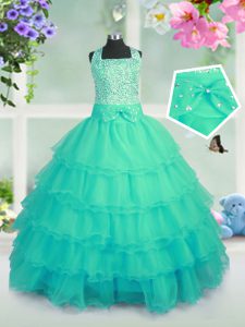 Turquoise Ball Gowns Organza Square Sleeveless Beading and Ruffled Layers Floor Length Lace Up Little Girl Pageant Dress