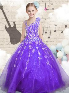 Floor Length Lilac Little Girl Pageant Dress Asymmetric Sleeveless Lace Up