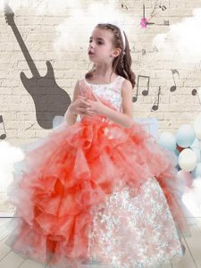 Watermelon Red Scoop Lace Up Beading and Ruffles Pageant Gowns For Girls Sleeveless