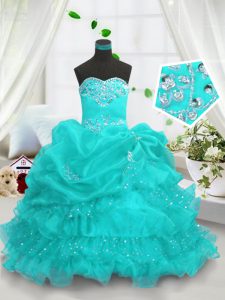 Stylish Floor Length Aqua Blue Little Girls Pageant Gowns Organza Sleeveless Beading and Ruffled Layers and Pick Ups