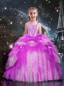 Discount Fuchsia Ball Gowns One Shoulder Sleeveless Tulle Floor Length Lace Up Beading and Ruffled Layers Custom Made Pa
