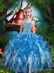 Low Price Blue Lace Up Spaghetti Straps Beading and Ruffles Kids Formal Wear Organza Sleeveless