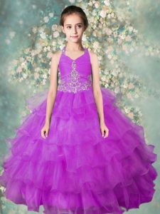 Lavender Organza Zipper Halter Top Sleeveless Floor Length Girls Pageant Dresses Beading and Ruffled Layers