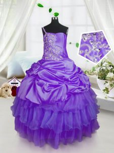 Customized Purple Ball Gowns Strapless Sleeveless Organza Floor Length Lace Up Beading and Ruffled Layers and Pick Ups P