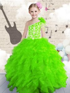 Classical One Shoulder Sleeveless Organza Floor Length Lace Up Little Girls Pageant Dress Wholesale in with Beading and 