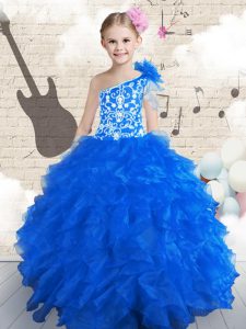 One Shoulder Sleeveless Floor Length Embroidery and Ruffles and Hand Made Flower Lace Up Kids Formal Wear with Navy Blue