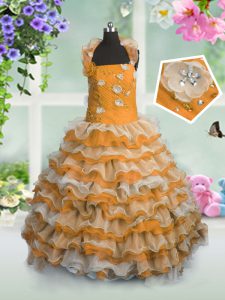 Pretty Orange Lace Up Pageant Gowns For Girls Beading and Appliques and Ruffled Layers Sleeveless Floor Length