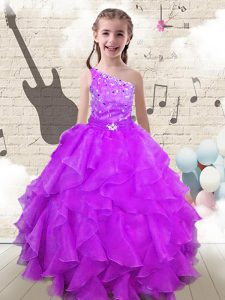 Organza One Shoulder Sleeveless Lace Up Beading and Ruffles Pageant Gowns For Girls in Fuchsia