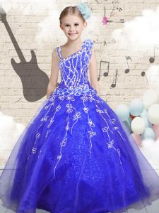 Floor Length Ball Gowns Sleeveless Blue Little Girl Pageant Gowns Lace Up