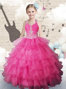 Halter Top Hot Pink Organza Lace Up Little Girls Pageant Gowns Sleeveless Floor Length Beading and Ruffled Layers