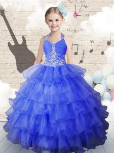 Ruffled Halter Top Sleeveless Lace Up Little Girl Pageant Gowns Royal Blue Organza