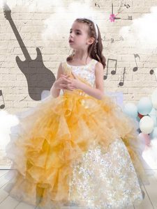 Scoop Floor Length Lace Up Little Girls Pageant Dress Orange for Party and Wedding Party with Beading and Ruffles