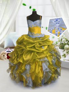 Most Popular Gold Sleeveless Beading and Ruffles and Pick Ups Floor Length Kids Pageant Dress