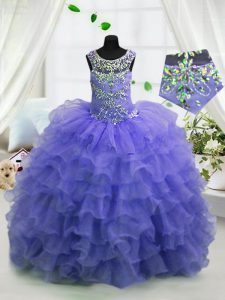 Scoop Lavender Ball Gowns Beading and Ruffled Layers Winning Pageant Gowns Lace Up Organza Sleeveless Floor Length