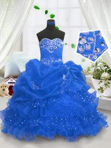 Popular Blue Sleeveless Beading and Ruffled Layers and Pick Ups Floor Length Little Girls Pageant Dress Wholesale