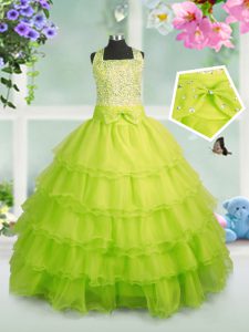 Square Sleeveless Little Girl Pageant Gowns Floor Length Beading and Ruffled Layers Apple Green Organza