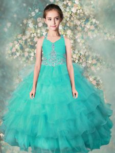 Cheap Ruffled Ball Gowns Pageant Gowns For Girls Turquoise Halter Top Organza Sleeveless Floor Length Zipper