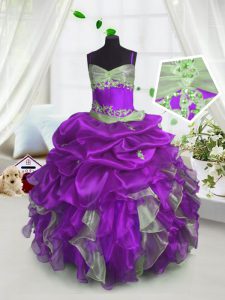 Pick Ups Spaghetti Straps Sleeveless Lace Up Pageant Gowns For Girls Lavender Organza
