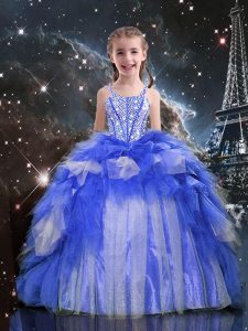 Organza Spaghetti Straps Sleeveless Lace Up Beading and Ruffles Pageant Gowns For Girls in Blue